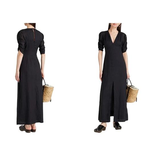Frame Noir Black Midi Dress XS NWT Ruched Sleeve Ramie Linen LWWD0667 - Picture 1 of 12